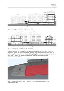 Bildet viser en 3D-visualisering (rendering) av byggeprosjektet, inkludert snittegninger og en modell av bergoverflaten og parkeringskjelleren.