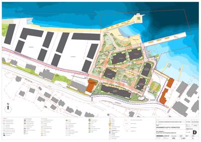 Situasjonsplan som viser bygningenes plassering i forhold til hverandre og omgivelsene, inkludert vann og vei.