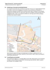Situasjonsplan eller kart som viser utbredelsen av fremmede arter på et område, med en nøkkel for ulike plantetyper.