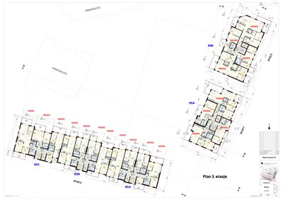 Etasjeplan (3. etasje) som viser romfordeling, leilighetsnummer og utvendige vegger for en bygning.
