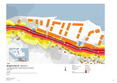 Situasjonsplan som viser støykart over et planlagt område med bygninger og infrastruktur.