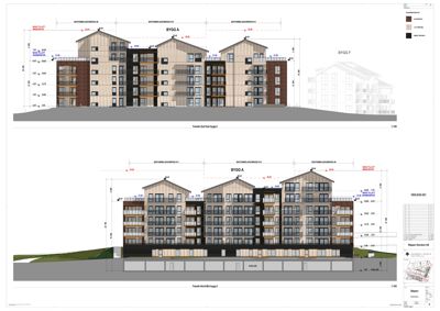 Fasadetegning som viser bygningens utseende sett fra front og side, med mål og detaljer.