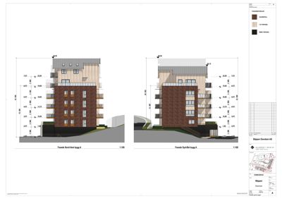 Fasadetegning som viser bygningens utseende sett fra nord og syd, med mål og materialbeskrivelser.