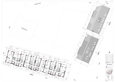 Etasjeplan med romfordeling og mål for flere bygninger (BY202 A, BY202 E, BY202 F) og tilstøtende bygninger.