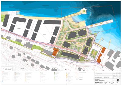 Situasjonsplan som viser tomtens beliggenhet, bygningers plassering, infrastruktur og omgivende terreng.