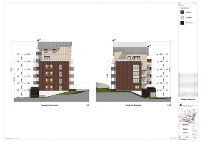 Fasadetegning som viser bygningens utseende sett fra Nord-Vest og Syd-Øst, med mål og materialbeskrivelser.