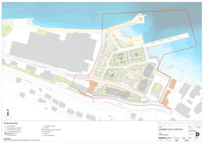 Situasjonsplan som viser tomtens grenser, bygningers plassering, veier og områder for utbygging.