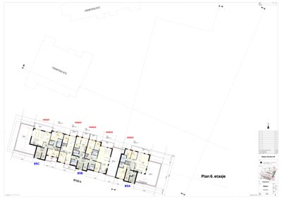 Etasjeplan for 6. etasje som viser romfordeling, leilighetsnummer og bygningens plassering i forhold til naboeiendommer.