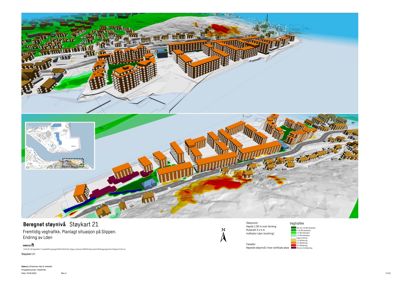 Et støykart som viser beregnet støy fra vegtrafikk i et byområde, med fargekoding for støyintensitet.