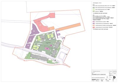 Situasjonsplan som viser tomtens grenser, bygningers plassering (BYGG A, B, C, D, E), veier og arealoppdelinger for ulike formål.