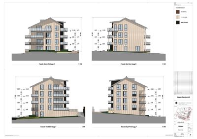 Fasadetegninger som viser utsiden av bygningen sett fra fire ulike vinkler (Nord-Øst, Syd-Vest) for to ulike bygg (E og F).