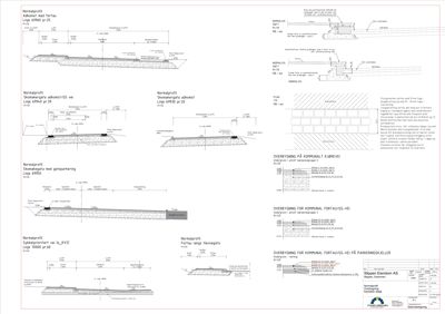 Snittegning som viser normalprofiler og skråsnitt for veier og fortau, inkludert detaljer for overbygging.