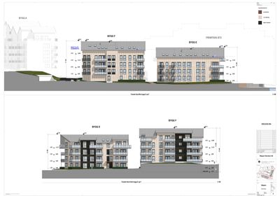 Fasadetegning som viser bygningenes utseende fra utsiden med mål og detaljer.