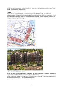 Fotografi av en planlagt boligblokk med grøntanlegg og bakkant