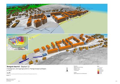 3D-visualisering av et planlagt boligområde med støykartlegging