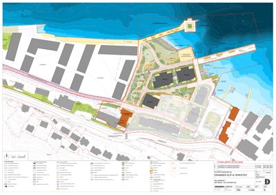 Situasjonsplan som viser tomtens beliggenhet, naboeiendommer, infrastruktur og planlagt bebyggelse.