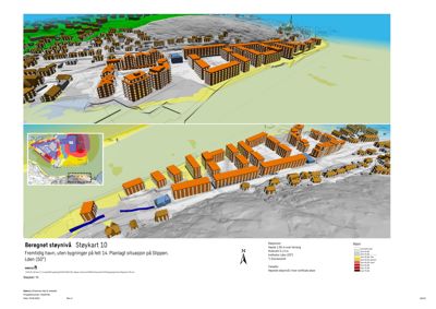 Et støykart som viser beregnet støyinnvirkning (Lden) for et planlagt havneområde på Sluppen. Kartet inkluderer en 3D-visualisering av bebyggelsen og en fargekoding av støysoner.