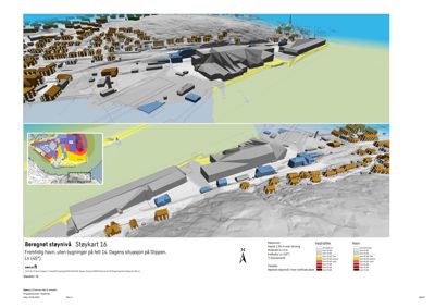 Et situasjonskart som viser beregnet støyinnvirkning (støykart) for et område med en fremtidig havn og eksisterende bebyggelse.