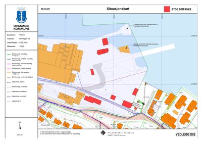 Situasjonskart som viser eiendomsgrenser, naboeiendommer og bygningers plassering i forhold til hverandre og veier.