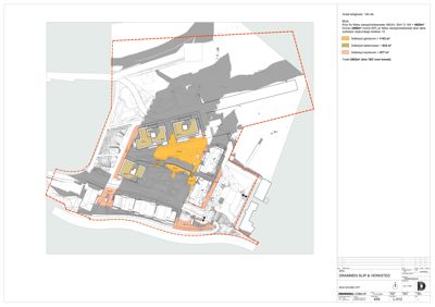 Situasjonsplan som viser bygningenes plassering på tomten, med fargekoding for ulike arealtyper (bebygd, beplantet, etc.) og en tegnet grense for området.