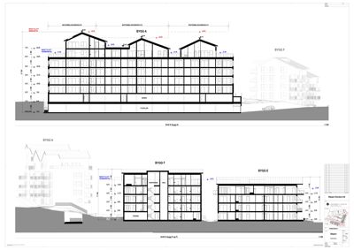 Snittegning som viser tverrsnittet av flere bygninger (BYGG A, E, F) med høydeangivelser og romfordeling.