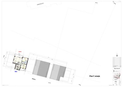 Etasjeplan (Plan 7. etasje) som viser romfordeling, vegger og utvidelser av en bygning.