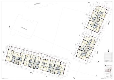 Etasjeplan med romfordeling og mål for flere bygninger (BY202 A, E, F) og fremtidsbygg.