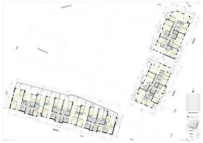 Etasjeplan som viser romfordeling og inndeling av flere leiligheter i et byggeprosjekt.