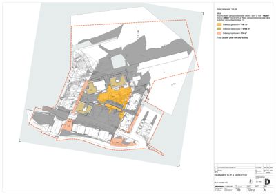 Situasjonsplan som viser tomtens grenser, eksisterende og planlagt bebyggelse, samt arealoppdelinger (MUA).