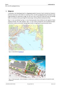 Bildet viser en oversiktskart (Figur 1-1) og en illustrasjonsplan (Figur 1-2) for et utbyggingsprosjekt i Drammen. Disse er kartbaserte representasjoner av området.