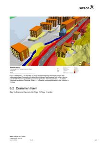 Kart som viser beregnet støynivå (Lden) fra vegtrafikk og mulig støyisolering langs Havnegata i Drammen. Kartet er en del av en teknisk rapport.