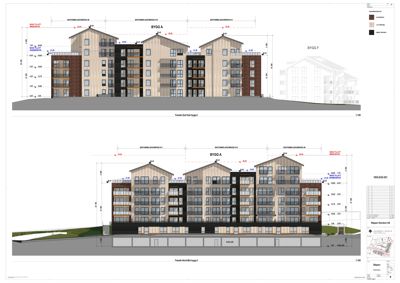 Fasadetegning av 'BYGG A' med mål og detaljer for fasade sett fra vest og nord.
