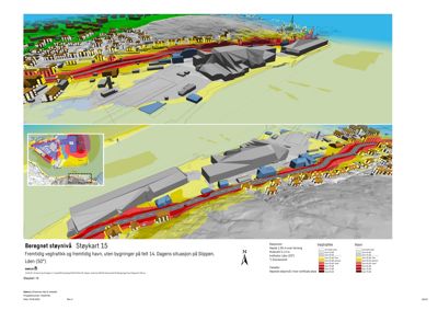 Støykart som viser beregnet støyinnvirkning (Lden) i et område med havn og bebyggelse.