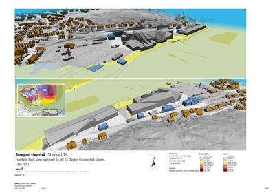 Et støykart som viser beregnet støynivå i et område (Slippen), med 3D-visualisering av høydeforskjeller og bygninger.