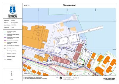 Situasjonskart som viser eiendomsgrenser, naboeiendommer og bygningers plassering i forhold til hverandre og til omgivelsene.