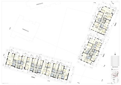 Etasjeplan som viser romfordeling og plassering av flere bygninger (BY02 A, BY02 E, BY02 F) samt fremtidige bygninger.