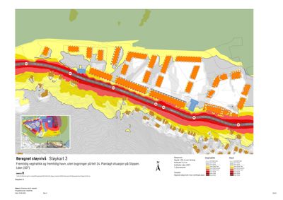 Støykart som viser beregnet støyutvikling i et område med planlagt vegtrafikk og havn.