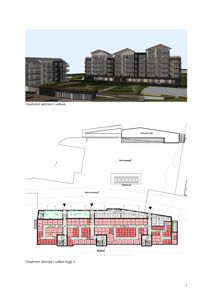 Bildet viser en kombinasjon av en 3D-visualisering av fasaden og en detaljert etasjeplan (floor plan) med romnummerering og funksjonsområder.