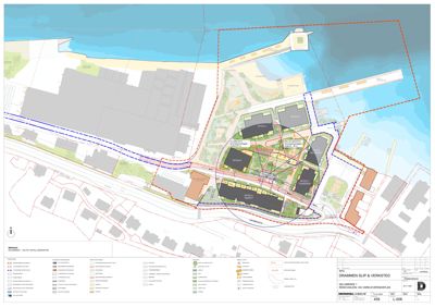 Situasjonsplan som viser tomt, bygninger, infrastruktur og omgivelser