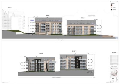 Fasadetegning som viser fronten av flere bygninger (BYGG A, E, F) med høydeangivelser og materialvalg.