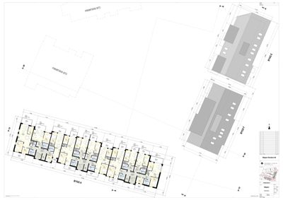 Etasjeplan med romfordeling og mål for flere bygninger (BY202 A, B, C, D, E, F).