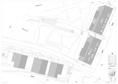 Situasjonsplan som viser tomt, bygninger (BYGG A, B, C) og veier.