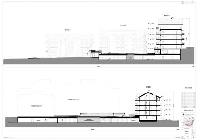 Snittegning som viser tverrsnittet av bygningene BYGG E, F og fremtidig BT2, inkludert høyder og konstruksjonsdetaljer.