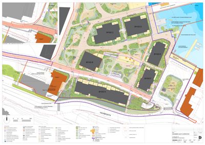 Situasjonsplan som viser tomtens grenser, naboeiendommer, veier og plassering av flere bygninger (BYGG A-F) i et boligområde.