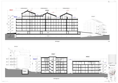 Fasadetegning som viser bygningens utseende sett fra siden, med høydeangivelser og en situasjonsvisning i bakgrunnen.