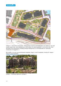 Fotografi av en planlagt boligblokk (Bygg A) med omgivende landskap og infrastruktur.