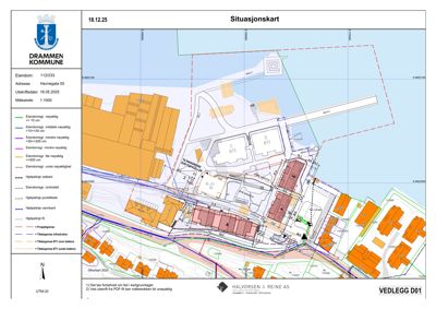 Situasjonskart som viser eiendomsgrenser, naboeiendommer og infrastruktur i Drammen kommune.