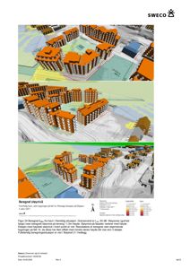3D-visualisering av en planlagt situasjon med beregnet støyinivå (Lden) vist med fargekoding på fasadene.