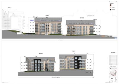 Fasadetegning som viser bygningenes utseende fra utsiden med mål og detaljer.