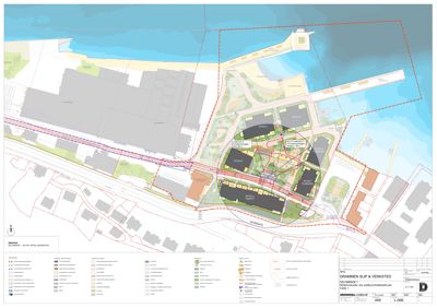 Situasjonsplan som viser tomtens beliggenhet, naboeiendommer, infrastruktur og planlagt bebyggelse.